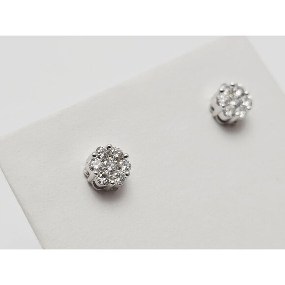 Beautiful 14K Solid White Gold Designer Round Cut Diamond Flower Stud Earrings - Picture 7 of 13